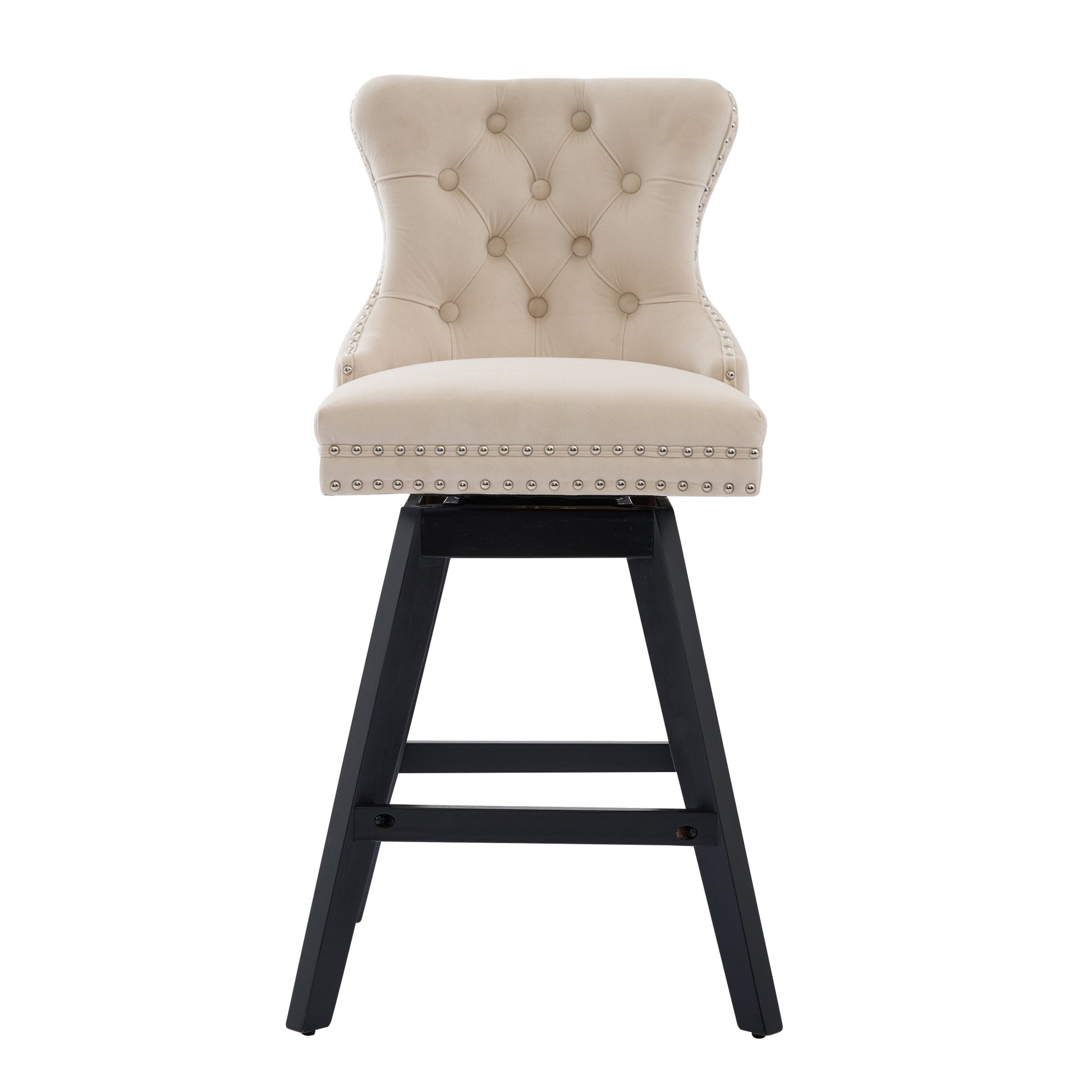 Swivel Velvet Barstools with Button Tufted Decoration and Wooden Legs, and Chrome Nailhead Trim, Leisure Style Bar Chairs,Bar stools, Set of 2 (Beige),SW1860BG image 2