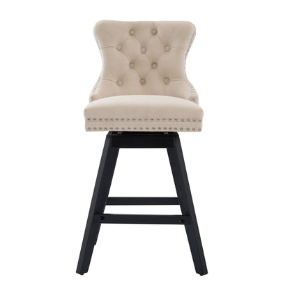 Swivel Velvet Barstools with Button Tufted Decoration and Wooden Legs, and Chrome Nailhead Trim, Leisure Style Bar Chairs,Bar stools, Set of 2 (Beige),SW1860BG image 2