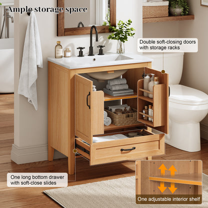 [Video] 30" Natural Wood Grain Bathroom Vanity with Ceramic Sink Top, Solid Wood Legs, Soft-Close Double Doors & Bottom Drawer, Adjustable Interior Shelf, Door-mounted Organizers image 6