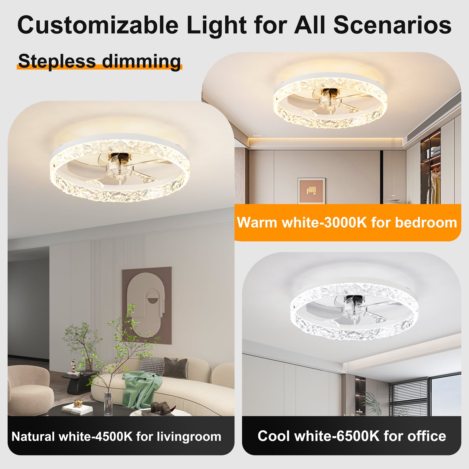 19.7" Ceiling Fans with Lights Remote and APP Control, Dimmable 3-Color and 6-Speed quiet DC Motor, WHITE Ceiling Fan for Living Room Bedroom image 2