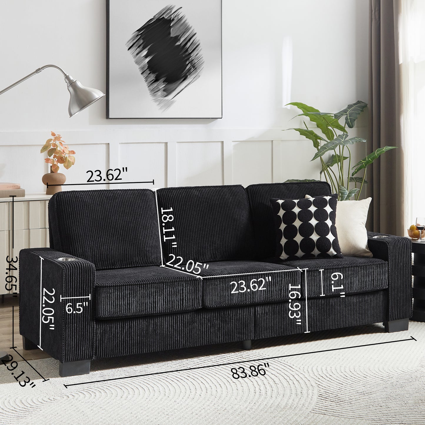 83.86"Corduroy Fabric sofa,Modern Compressed Couch,3-Seater Sofa, Furniture for Living Room,Bedroom,office,Black image 11