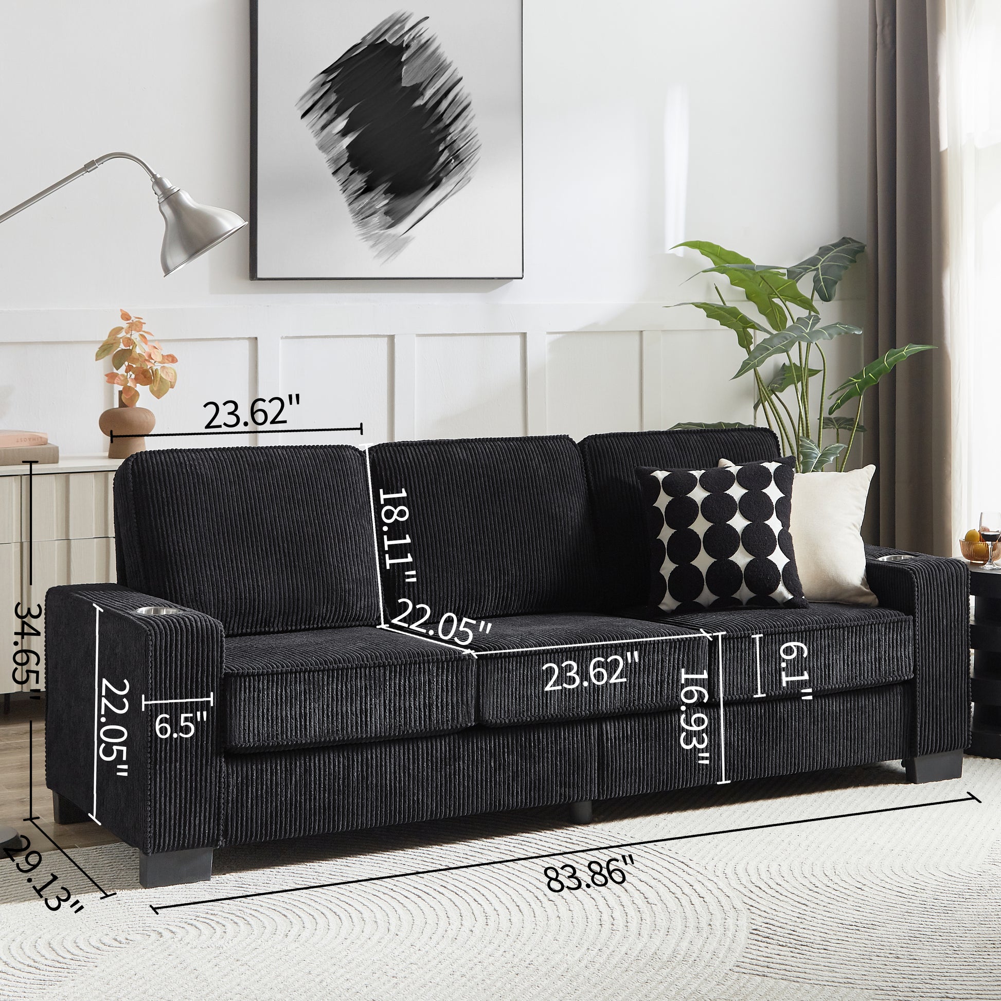 83.86"Corduroy Fabric sofa,Modern Compressed Couch,3-Seater Sofa, Furniture for Living Room,Bedroom,office,Black image 11