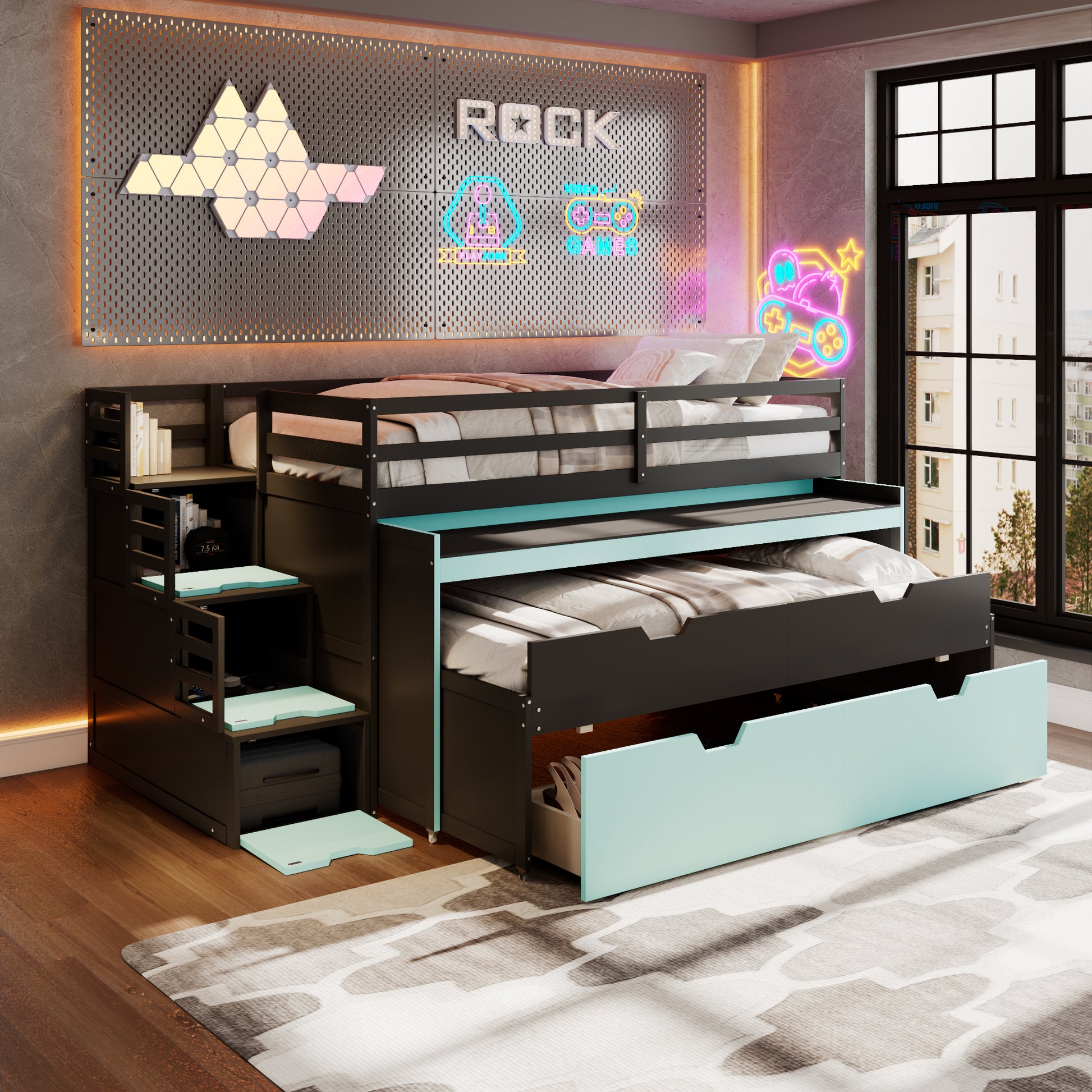 Twin XL Loft Bed with Pull-Out Desk and Twin Trundle, Multi-Functional Bunk Bed with 2 Storage Drawers and Storage Steps, Space-Saving Gaming & Workstation Bedframe, Black+Blue image 6