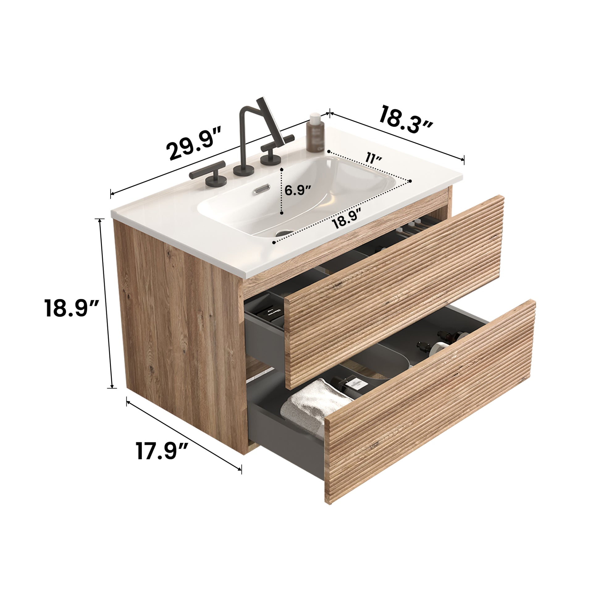 Gloria 30" Wall Mounted Rough Oak&Rough Oak Bathroom Vanity with Integrated Ceramic Sink with Overflow, with 3 holes, Large Storage Floating Bathroom Vanity for Modern Bathroom, KD image 12