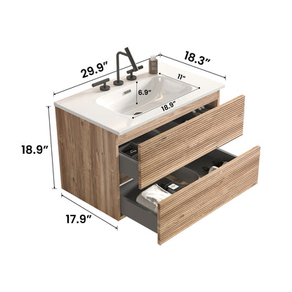 Gloria 30" Wall Mounted Rough Oak&Rough Oak Bathroom Vanity with Integrated Ceramic Sink with Overflow, with 3 holes, Large Storage Floating Bathroom Vanity for Modern Bathroom, KD image 12