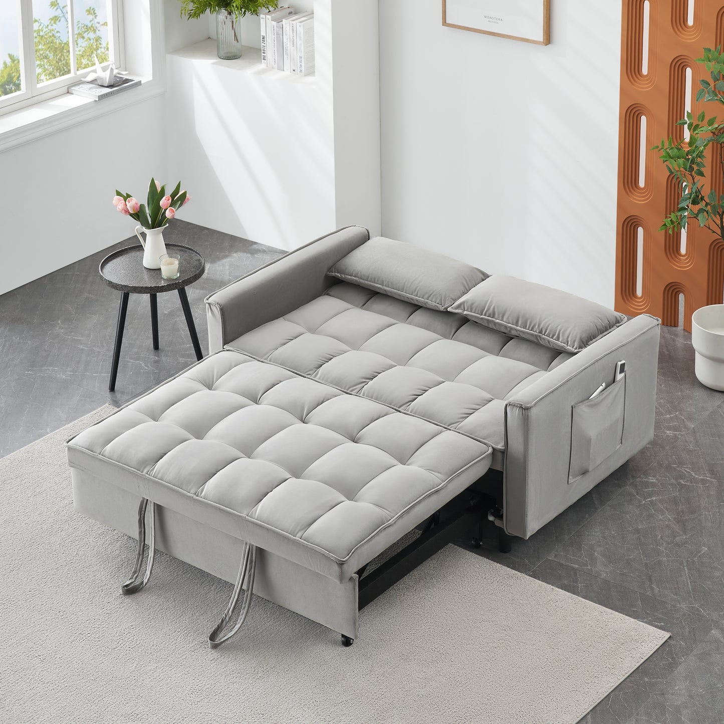 Modern Velvet Loveseat Futon Sofa Couch Pullout Bed, Small Love Seat Lounge Sofa w/Reclining Backrest, Toss Pillows, Pockets, Furniture for Living Room,3 in 1 Convertible Sleeper Sofa Bed, Gra image 2