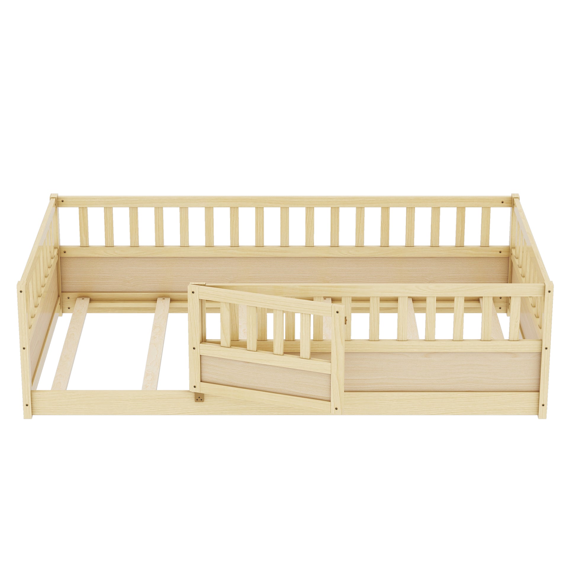 Twin Size Floor bed, integral construction with super high security barrier, door, children's floor bed frame, Montessori wooden children's floor bed, Support slat Natural Wood(Patented model) image 9