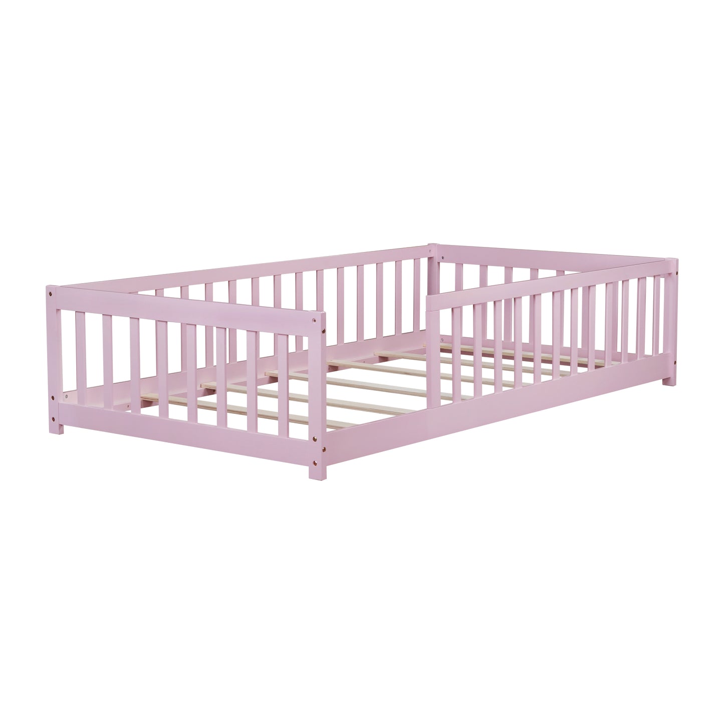 Twin Size Floor Bed with Fence without Door, Rubber Wood Floor Bed with Safety Guardrails,Pink (Old Sku W504P296798) image 4