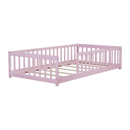Twin Size Floor Bed with Fence without Door, Rubber Wood Floor Bed with Safety Guardrails,Pink (Old Sku W504P296798) image 4