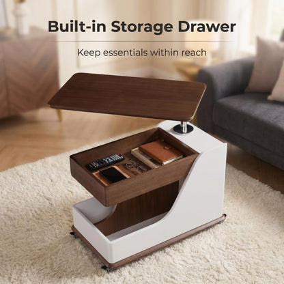 A small side table or coffee table with an adjustable height, suitable for the living room, balcony or bedroom. It is portable and features storage compartments, available in off-white and walnut. image 11