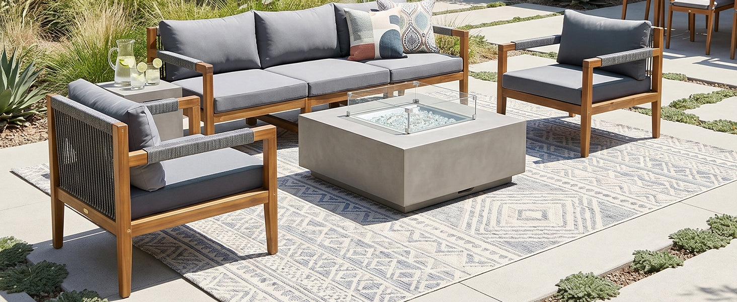 3 Pieces Outdoor Sectional Sofa Set, Rope Woven Patio Conversation Set with Solid Acacia Wood Frame, Water-Resistant Removable Cushions for Backyard, Deck and Poolside, Grey image 2
