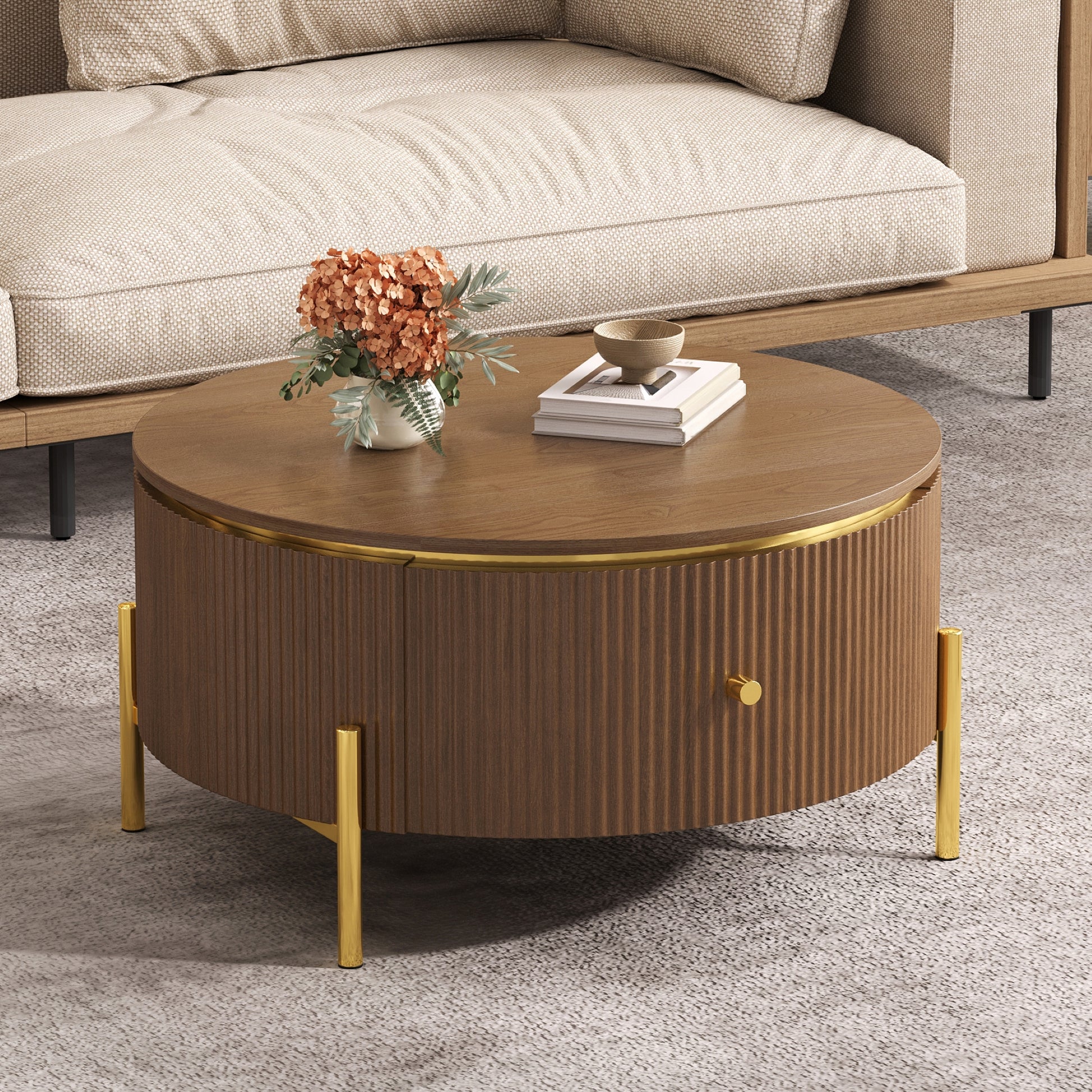 Modern Round Coffee Table with 2 large Drawers Storage Accent Table, Brown, 31.5" image 4
