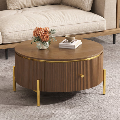 Modern Round Coffee Table with 2 large Drawers Storage Accent Table, Brown, 31.5" image 4