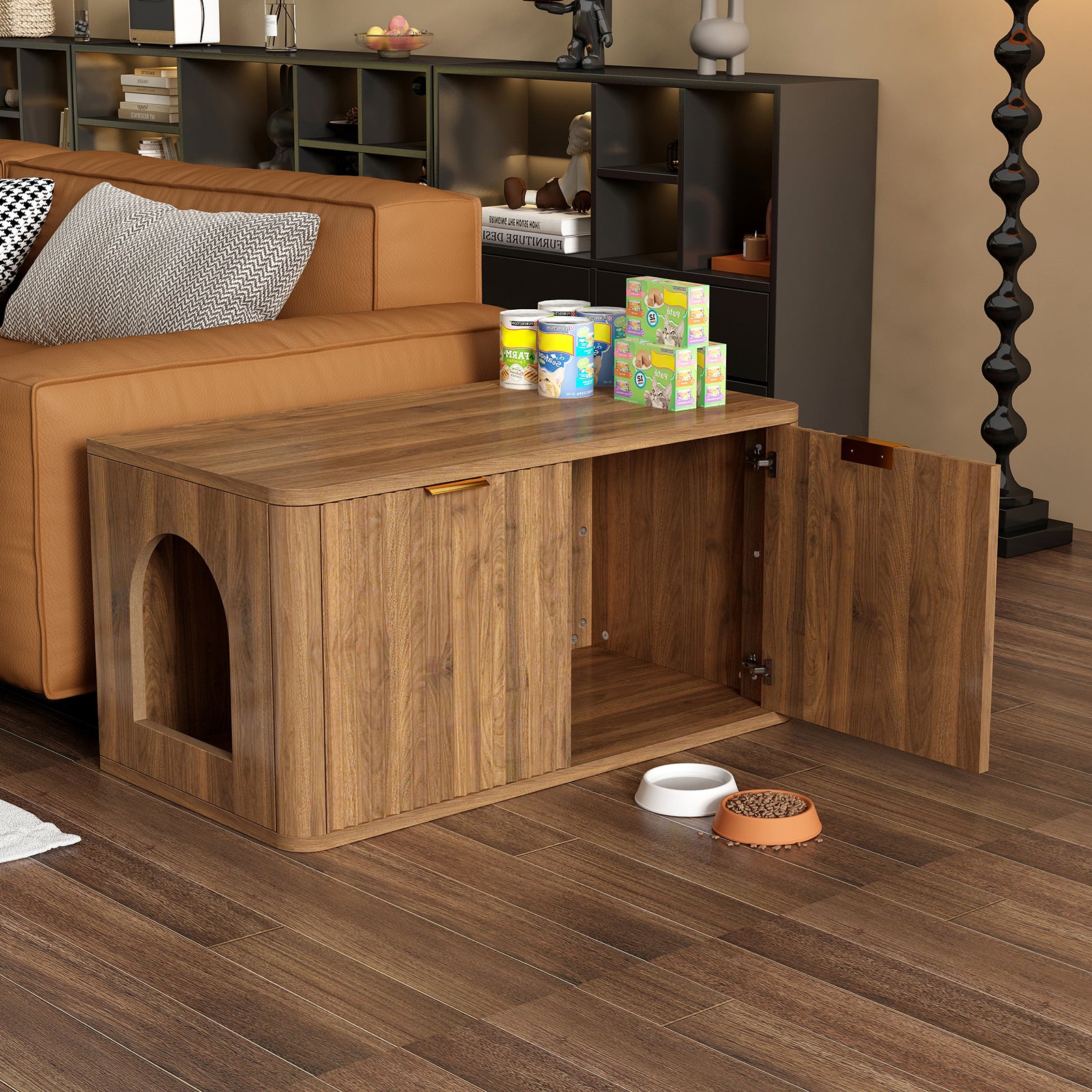 31.5" Walnut Cat Litter Box Enclosure Furniture, Large Decorative Hidden Litter Box Cabinet, Fluted Mid Century Modern Kitty End Table for Living Rooms, Bedrooms, Entryways (WALNUT) image 12