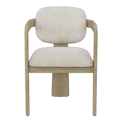 Modern Oak Finish Arm Chairs Set of 2 Beige Fabric Upholstery Curved Backrest Solid Rubberwood Dining Room Furniture image 2