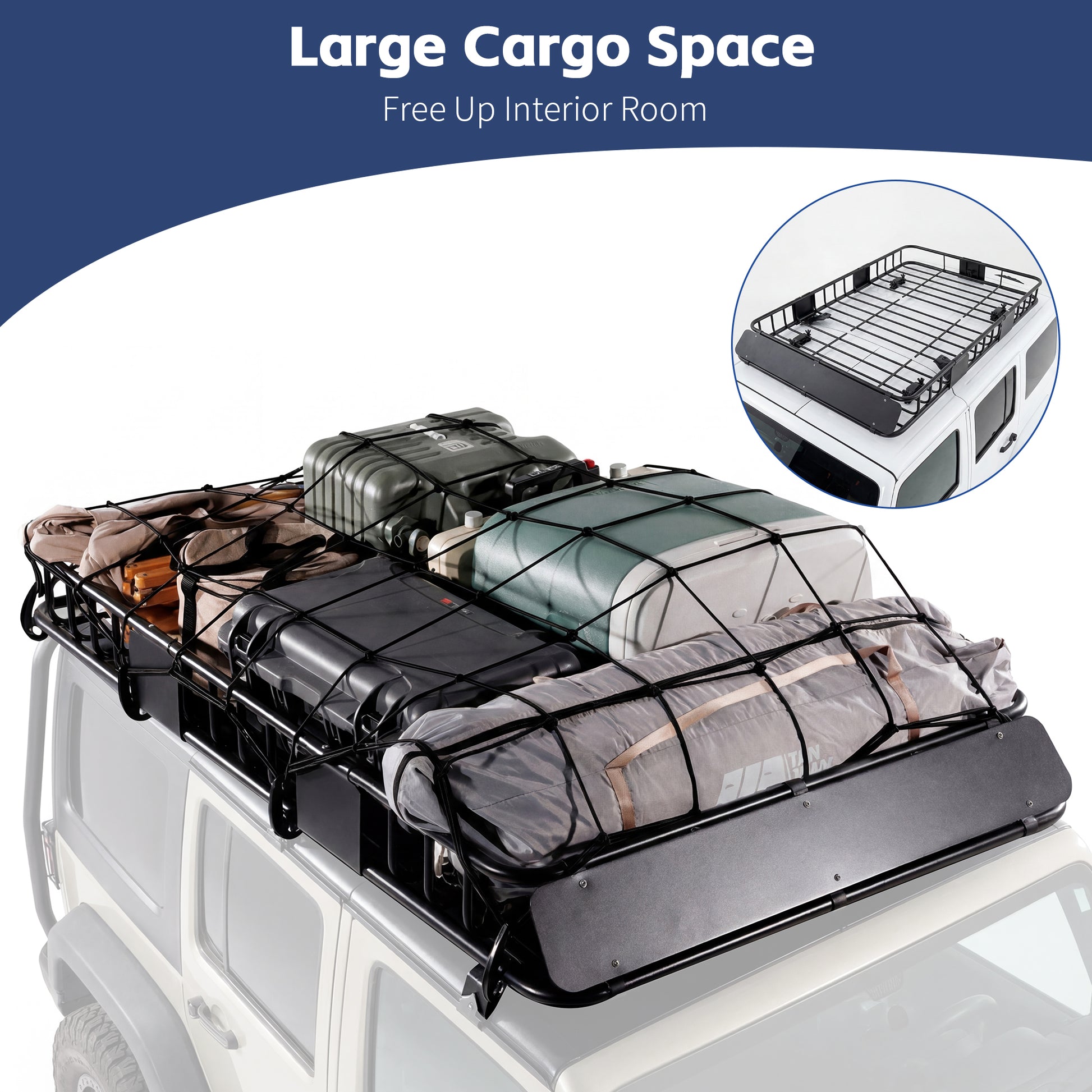64 x 39 x 6 Inch Heavy Duty 250LB Roof Rack Cargo with 500D Waterproof Cargo Bag, Net & Ratchet Strap, Car Top Luggage Holder Basket for SUV, Truck or RV Camping Storage Steel Construction image 4
