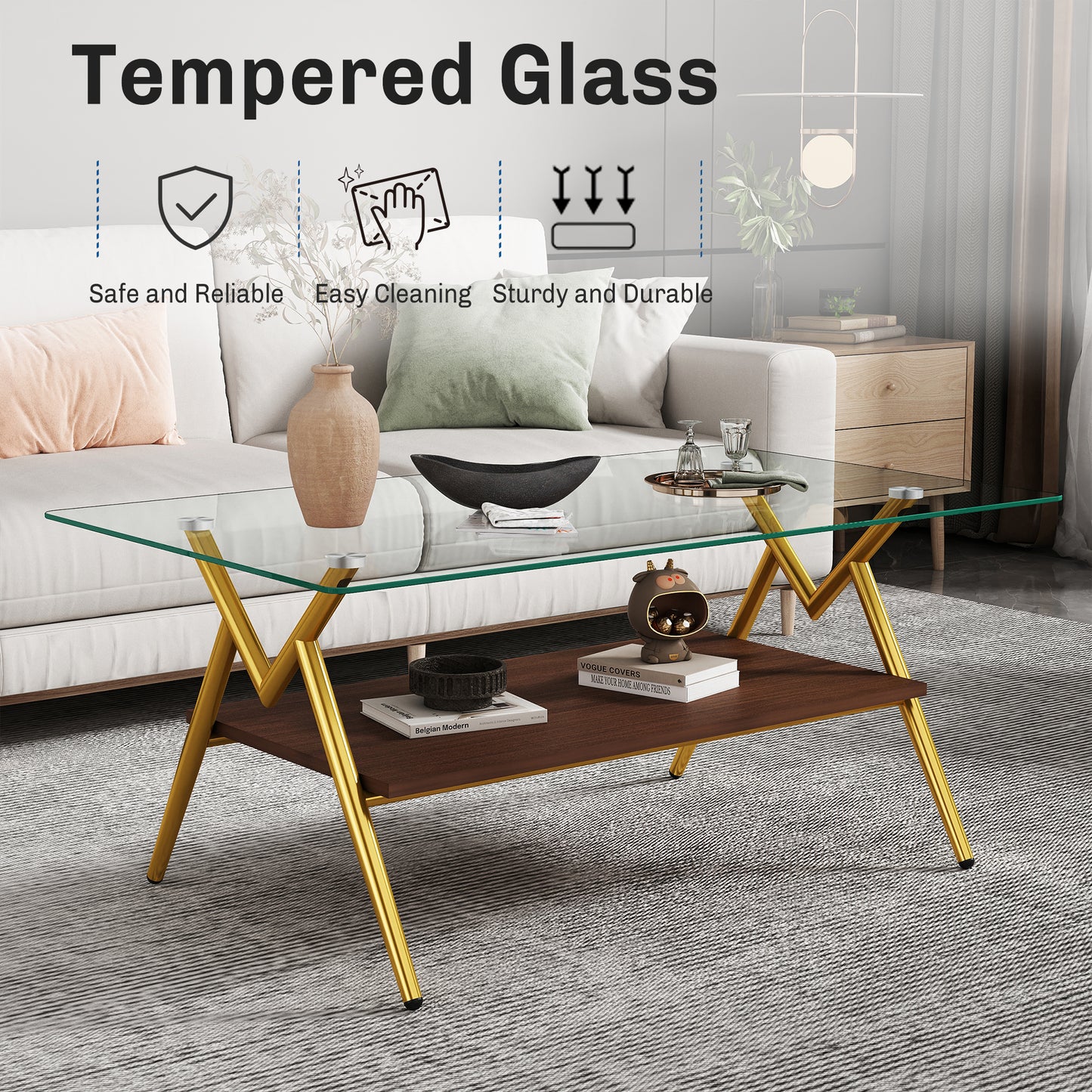 Rectangle Coffee Table with Tempered Glass top and Golden Metal Legs, Modern Table for Living Room, Transparent Glass image 2