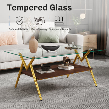 Rectangle Coffee Table with Tempered Glass top and Golden Metal Legs, Modern Table for Living Room, Transparent Glass image 2