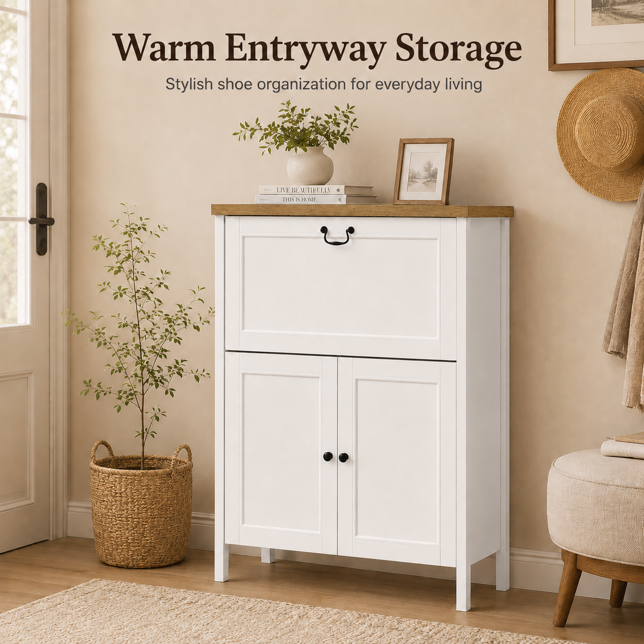 Shoe Cabinet with Flip Drawer, Boot Rack and 6 Boot Clips, Narrow Entryway Shoe Cabinet with Adjustable Shelf, Freestanding Shoe Organizer Cabinet for Entryway, Foyer, 31.5"W x 15.7"D x 45.3"H-White image 2