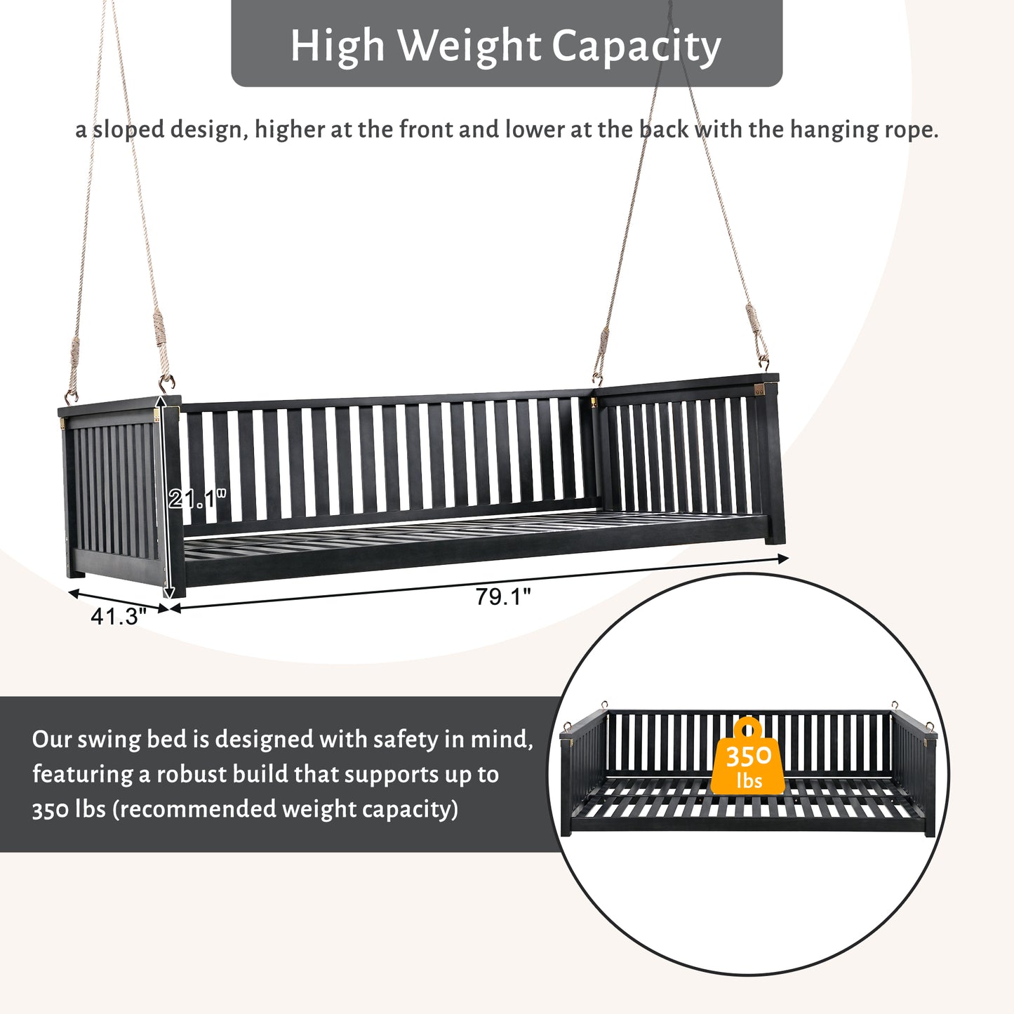 TOPMAX Patio Minimalist Twin Size Garden Swing Bed Wood Porch Swing with Ropes for Backyard, Safe Sloped Design, Black image 7