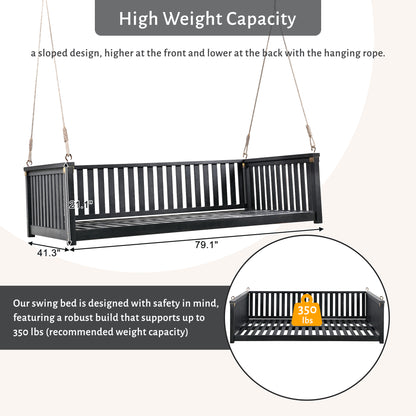 TOPMAX Patio Minimalist Twin Size Garden Swing Bed Wood Porch Swing with Ropes for Backyard, Safe Sloped Design, Black image 7