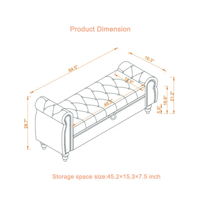 64.5" Bed Bench for Bed Room Nails Tufted Chaise of Lounge with Storage Velvet Upholstery Black image 11