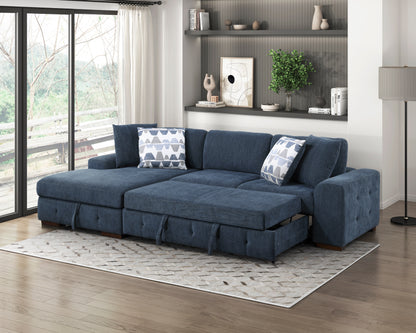 Modern Blue One Arm 2-Seater Sofa with Pull-out Bed Right Side Tufted Chenille Fabric Upholstery Solid Wood Living Room Furniture 1pc image 8