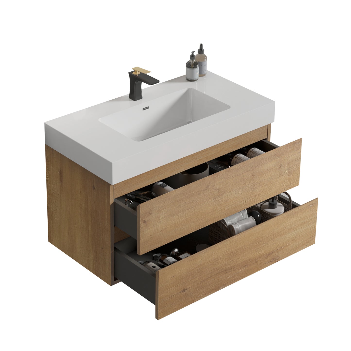Alice 36" Oak Bathroom Vanity with Black Sink, Large Storage Wall Mounted Floating Bathroom Vanity for Modern Bathroom, One-Piece White Sink Basin without Drain, Pre-assembled image 7
