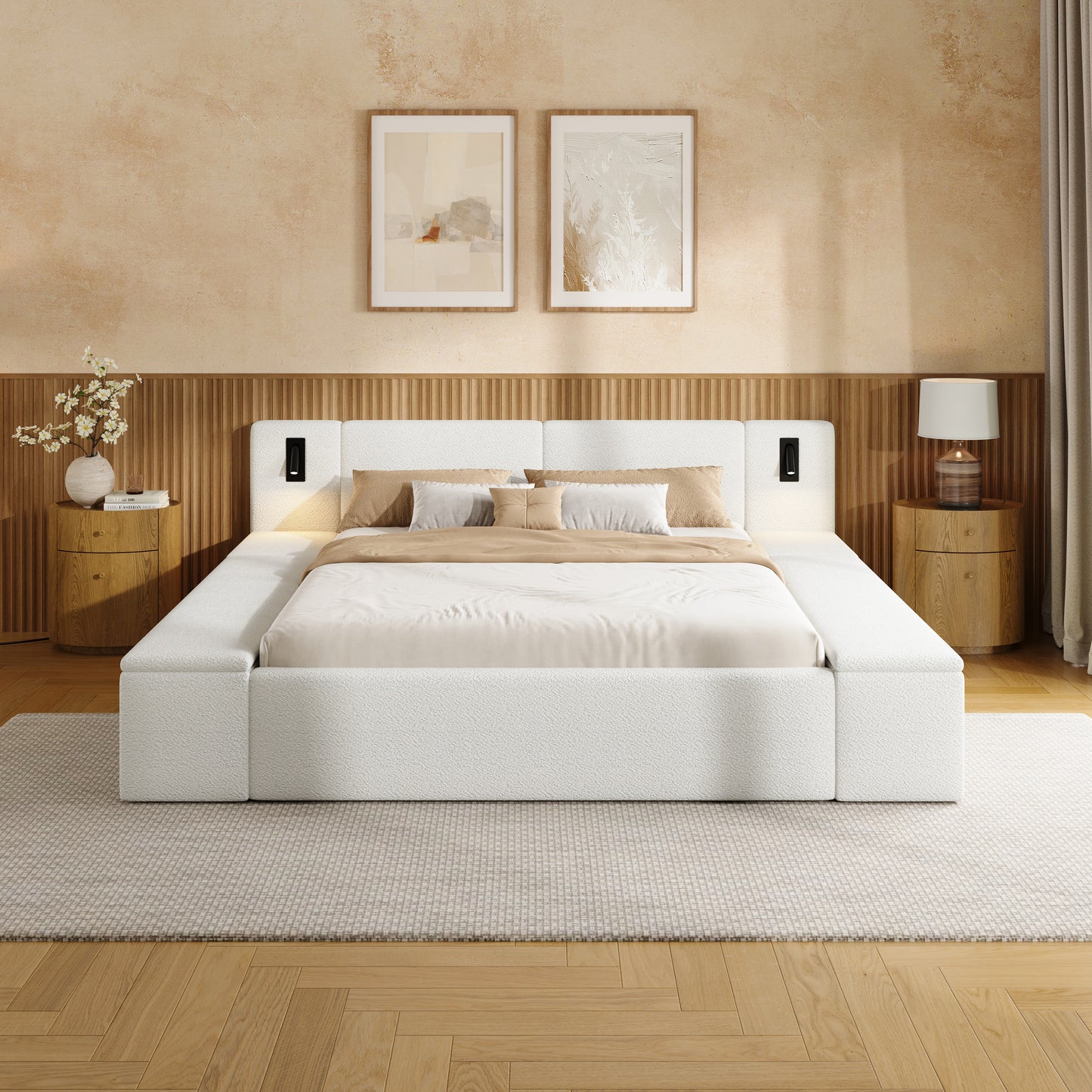 Queen Size Teddy Fleece Upholstered Platform Bed Frame with Massive Hidden Storage, Modern Bouclé Fabric Bed with Built-in Nightstands & LED Reading Lights, Wood Slats, No Box Spring Needed, White image 2
