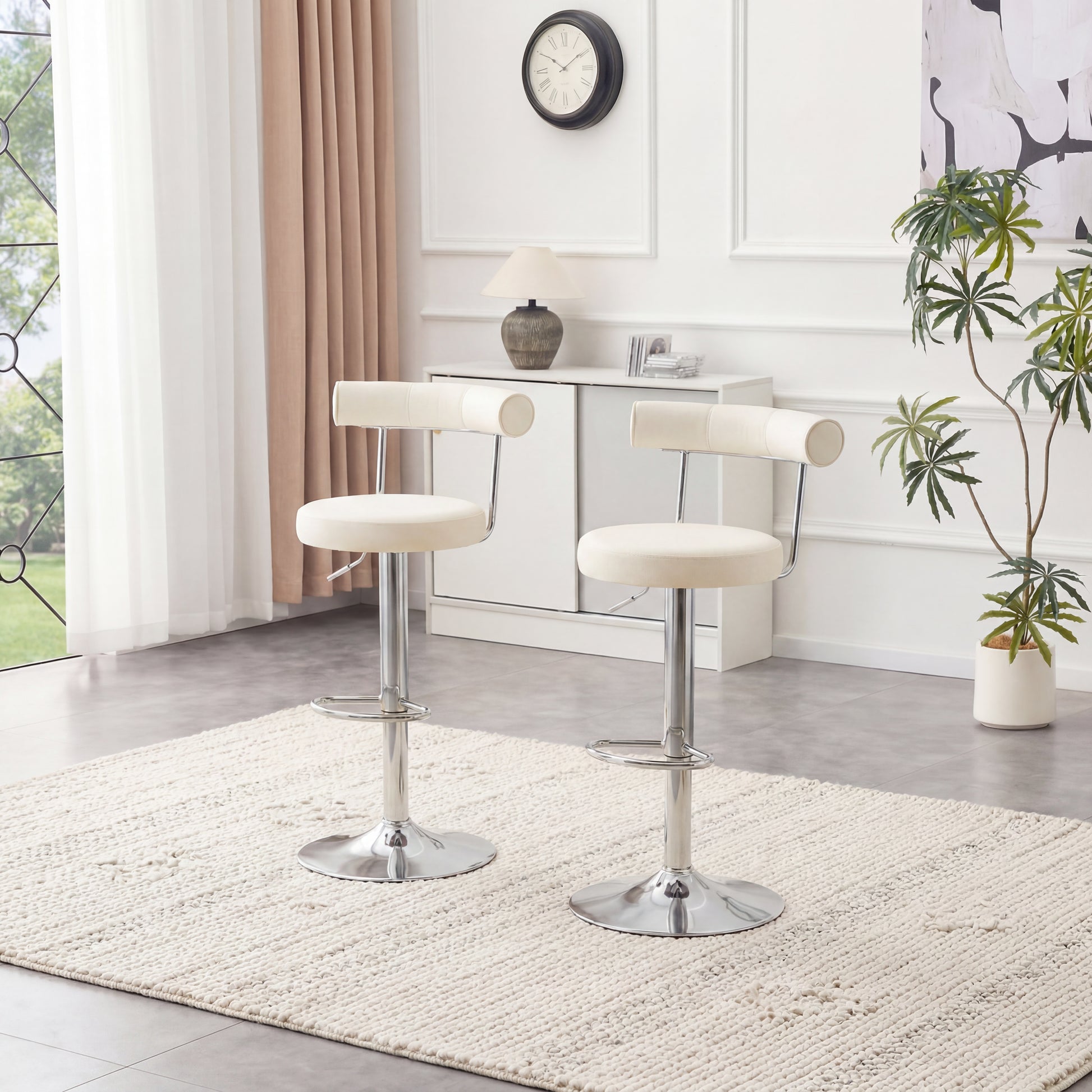 Soft Velvet Upholstered Swivel Adjustable Bar Chair with Chrome Silver Legs - Dining Room Living Room Bar Cafe Reception Desk Bar Stool(Off White, Set of 2) image 1