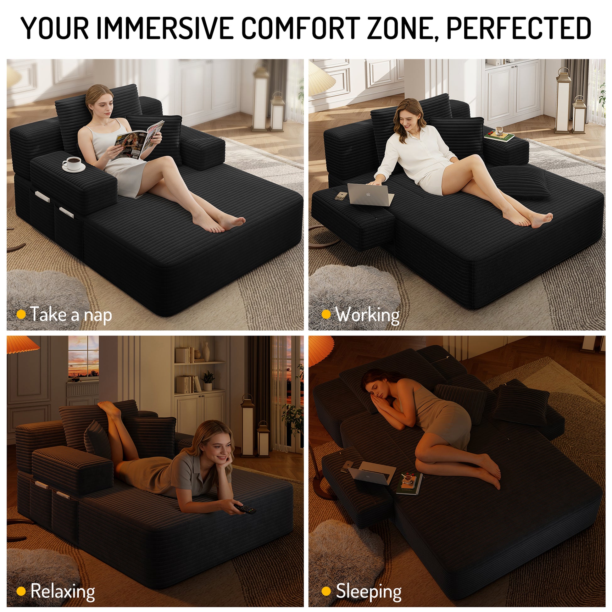Luxurious Plush Corduroy Chaise Lounge with 3 Pillows, Convertible Sofa Bed with Storage Pocket, Frameless Design & Compression Foam for Small Spaces, Living Room, Apartment,Black image 9