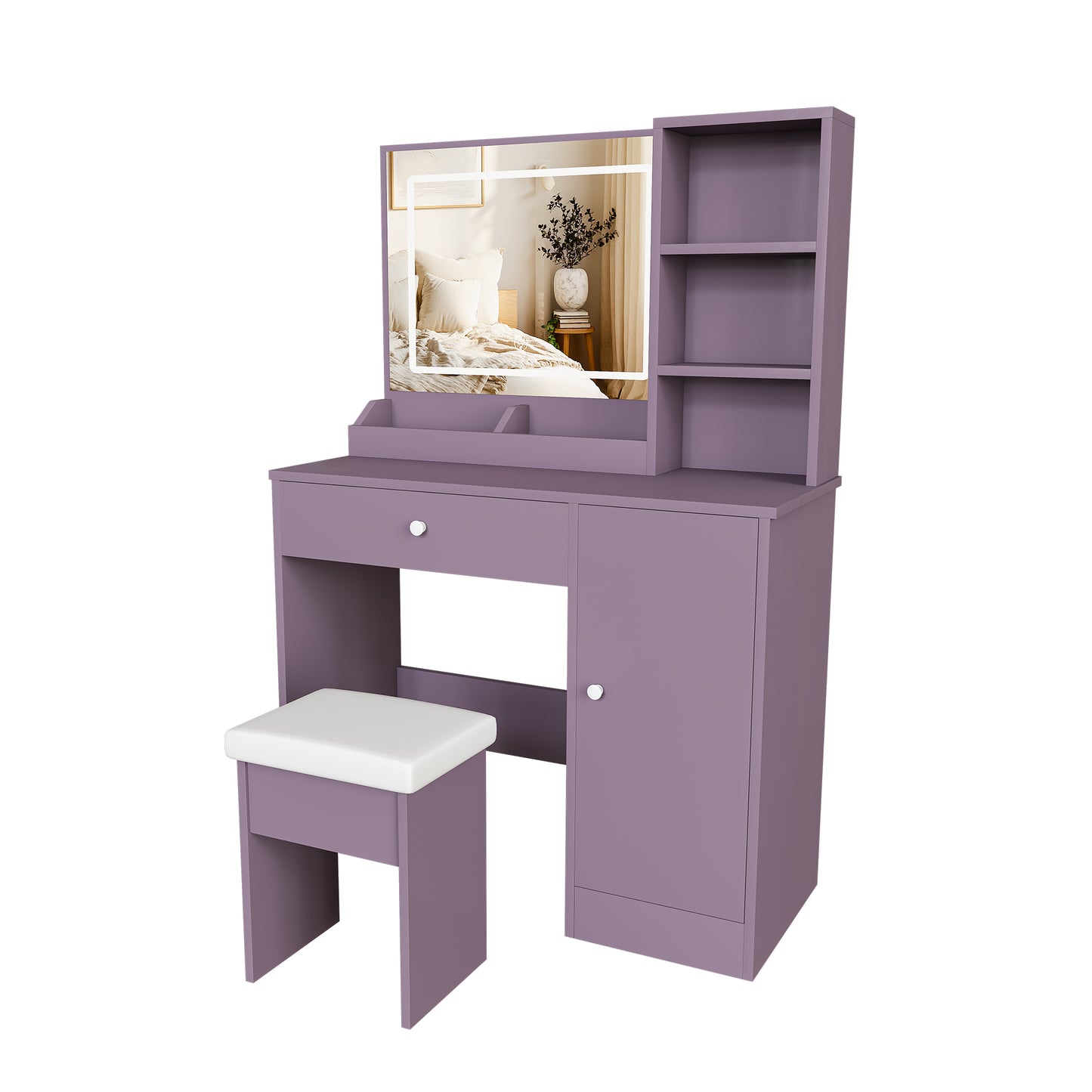 Stylish Vanity Desk Set with Padded Stool & Adjustable LED Lighted Mirror (3 Color Modes), Modern Bedroom Makeup Vanity Desk Combo, Purple image 10