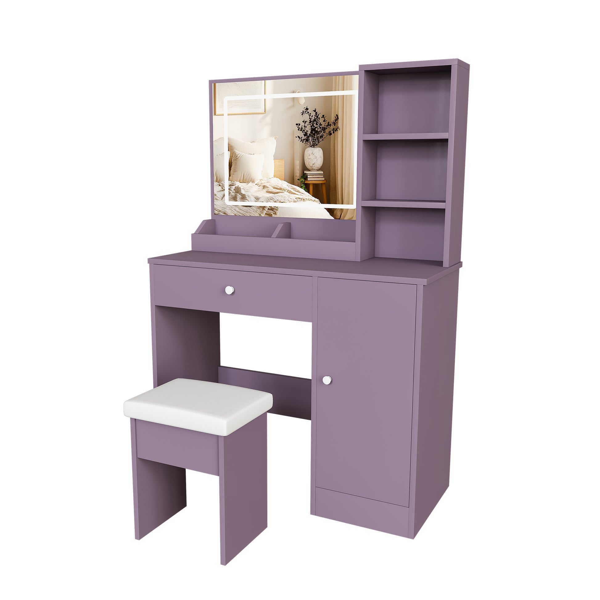 Stylish Vanity Desk Set with Padded Stool & Adjustable LED Lighted Mirror (3 Color Modes), Modern Bedroom Makeup Vanity Desk Combo, Purple image 10