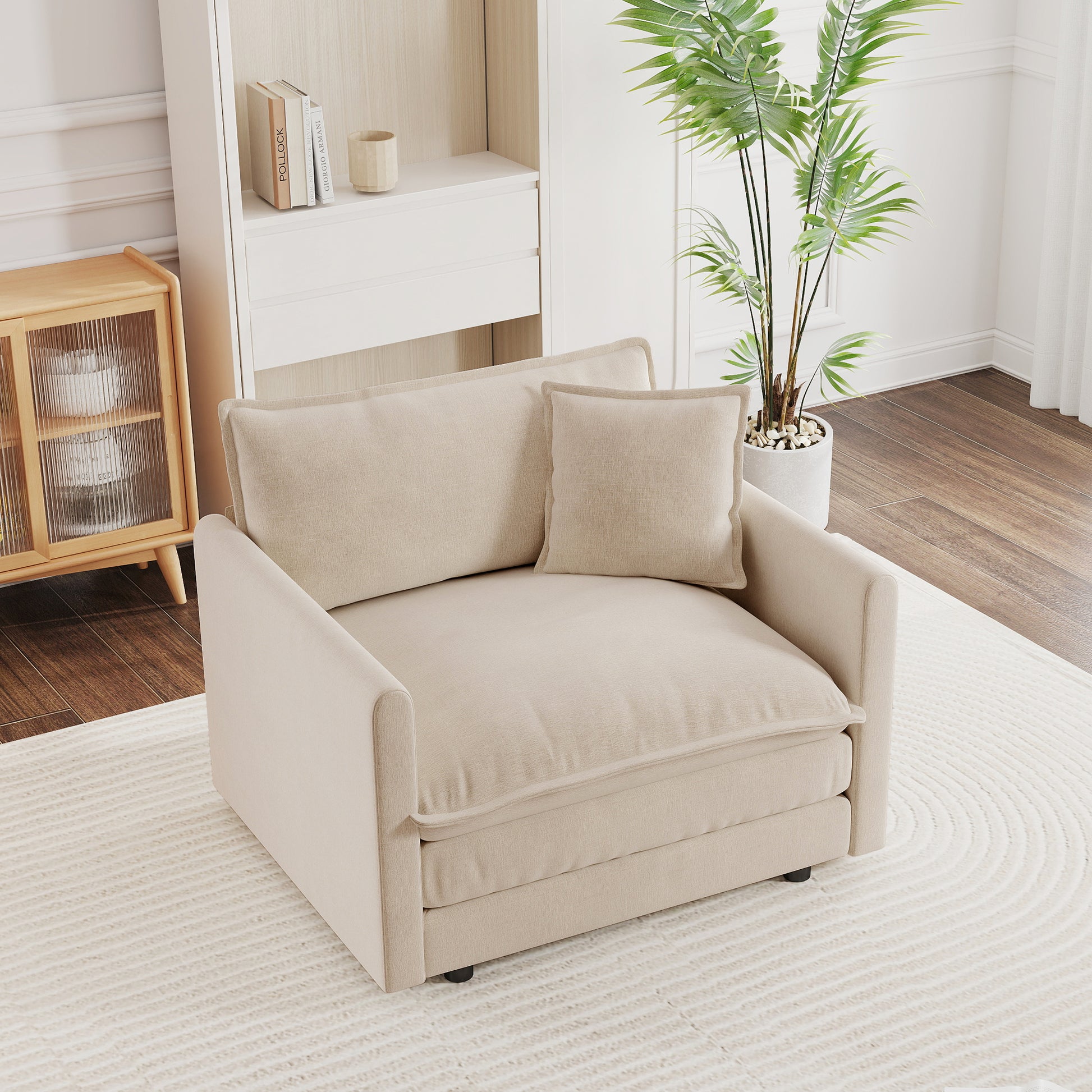 Comfy Deep Single Seat Sofa Upholstered Reading Armchair Living Room Chair light coffee Chenille Fabric, 1 Toss Pillow image 1