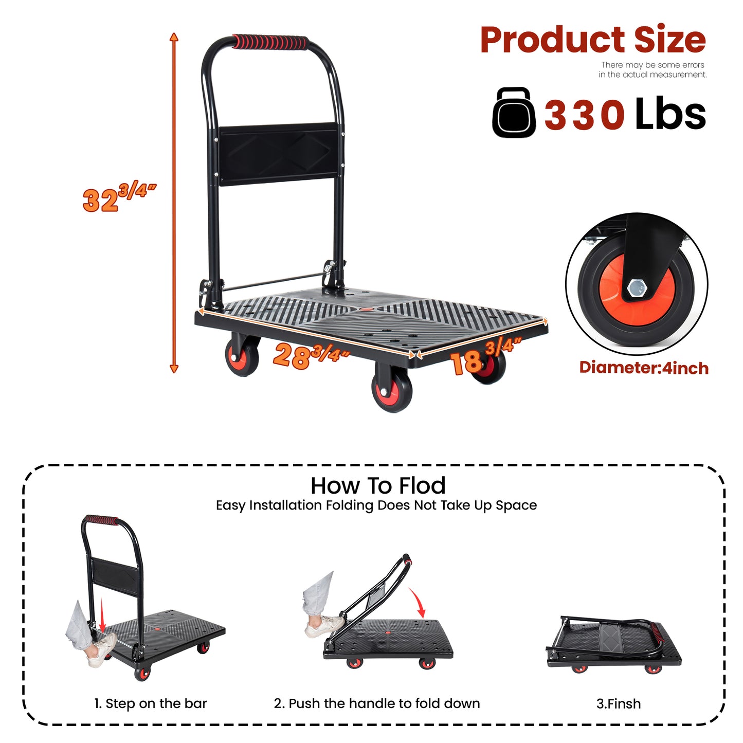 28-3/4" Long x 18-3/4" Wide Platform Truck, Foldable Handcart with 4'' TPR 360-Degree Silent Wheels, 330lbs Heavy-Duty Push Dolly Cart, 4 Steel Load-Bearing Beams for Warehouse Garage Home Use image 6