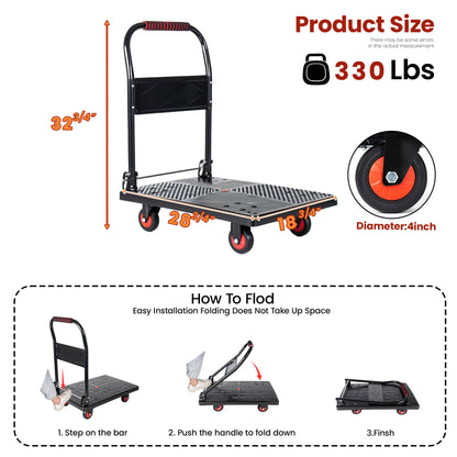 28-3/4" Long x 18-3/4" Wide Platform Truck, Foldable Handcart with 4'' TPR 360-Degree Silent Wheels, 330lbs Heavy-Duty Push Dolly Cart, 4 Steel Load-Bearing Beams for Warehouse Garage Home Use image 6