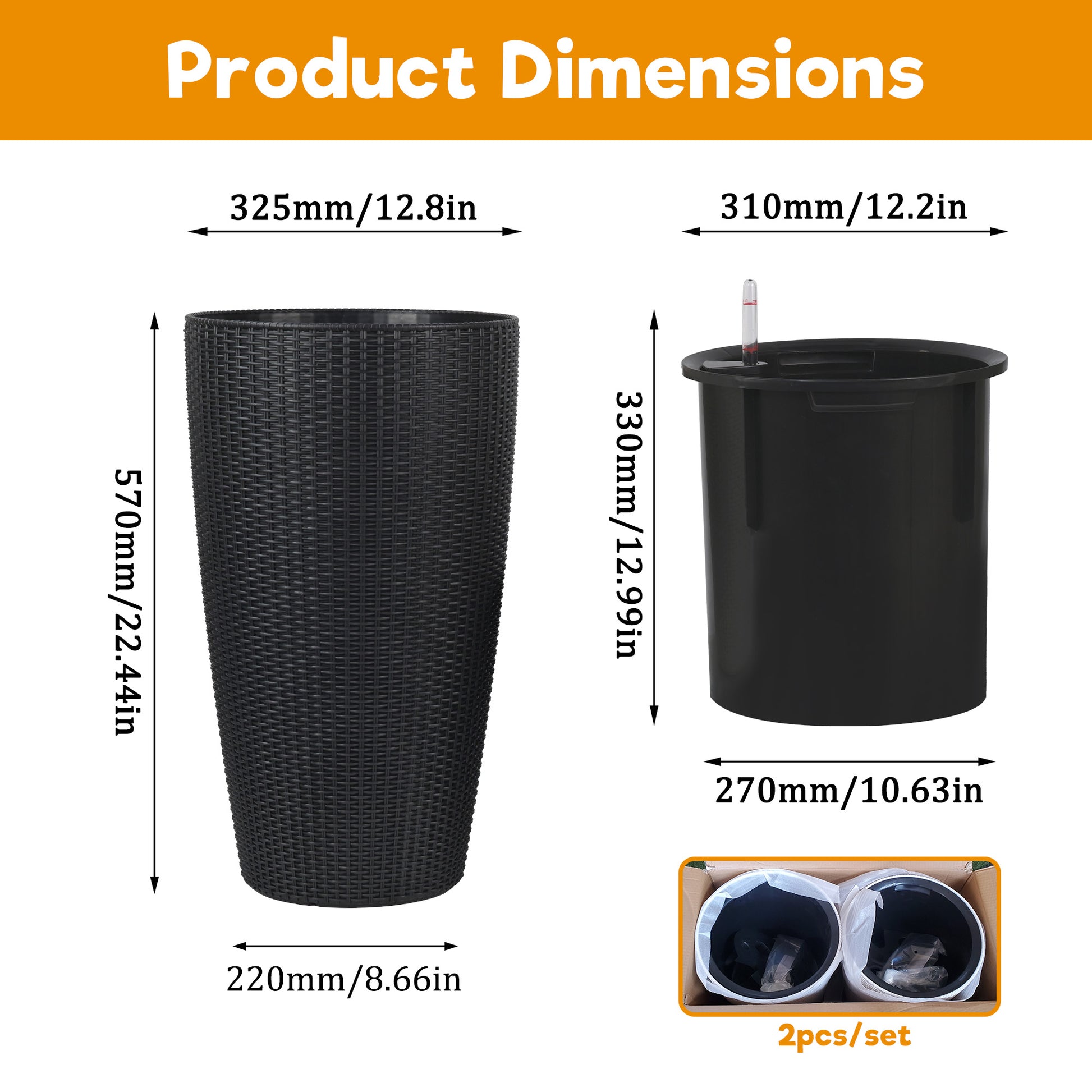 Set of 2 Faux Rattan Tall Planters Outdoor Indoor Large Planters with Water Level Monitor Inner Bucket, Automatic Watering, Flower Plant Pots for Garden, Patio, Porch, Backyard (Black, 22 inch) image 6