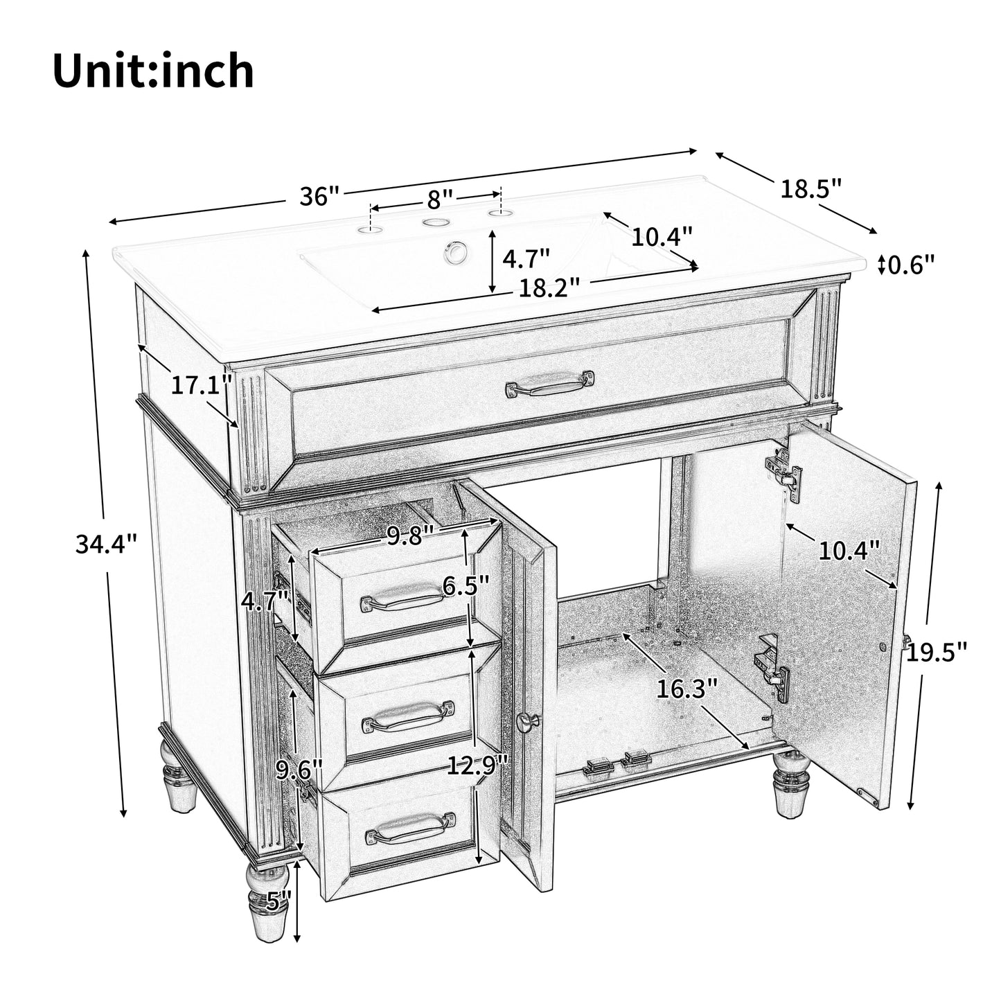 [Video] 36" Bathroom Vanity with Sink, Bathroom Cabinet with Drawers, Solid Frame and MDF Board, One Package, Black(same SKU: N725P195410B) image 3