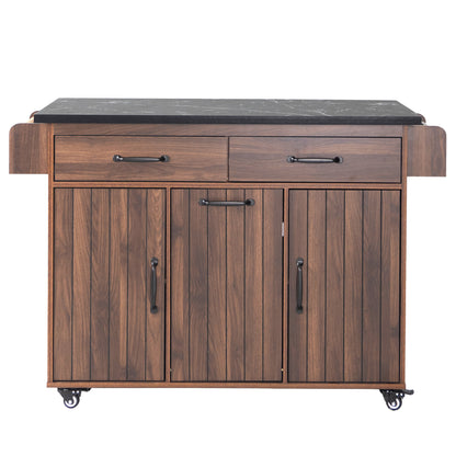 K&K Kitchen Island with Trash Can Storage Cabinet, Kitchen Cart with Drop Leaf, Spice Rack, Towel Rack and Drawer, Rolling Kitchen Island on Wheels with Adjustable Shelf, Walnut Brown image 4