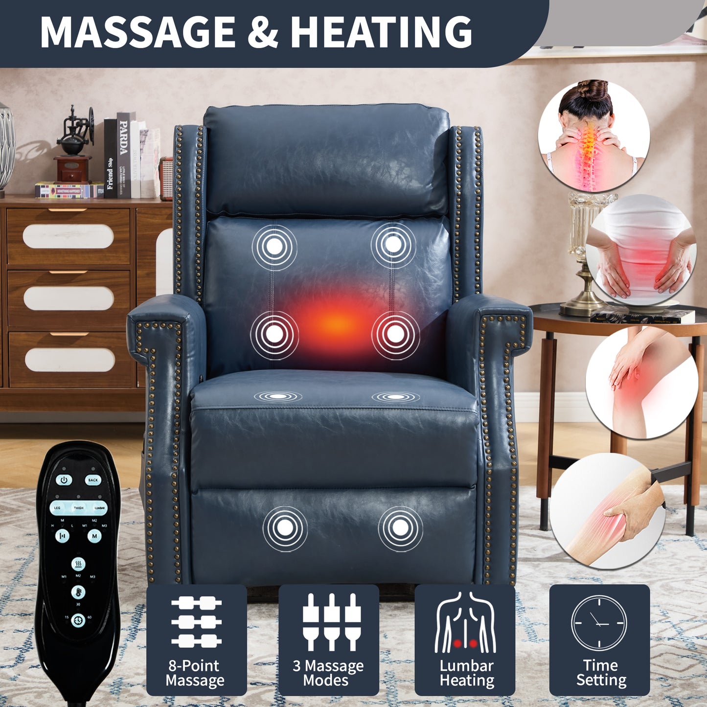 Blue Manual Recliner Chair in Faux Leather for Living Room with Heavy Duty Motion Mechanism, 8 vibrating nodes and 3 massage modes. image 5