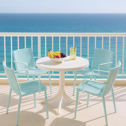 Summer - 4pcs Light Blue Stackable PP Armchair for Indoor/Outdoor Use – Ergonomic Slatted Back with 36 Inch Indoor/Outdoor Modern White Round PP Table image 12