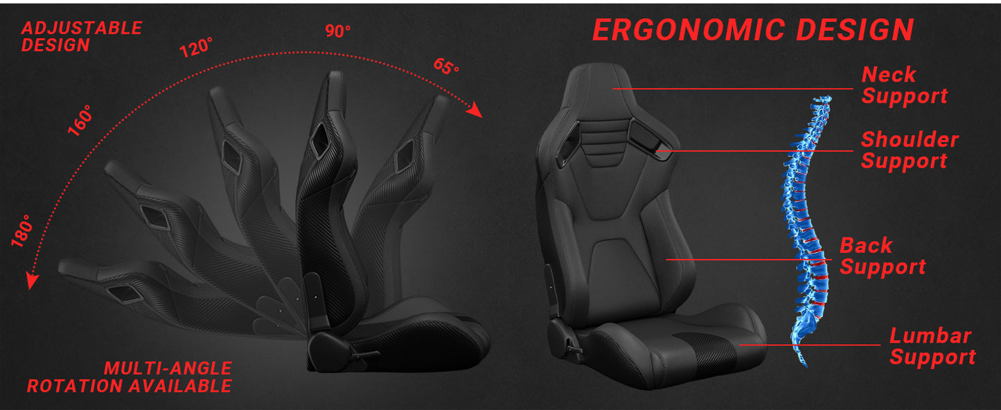 2PC New Universal Bucket Racing Seats Black Stitch Black PVC Leather Reclinable Carbon Look Leather Back With Adjustor Slider(Not Including Seat Bracket) 1 box of 2 pieces image 4