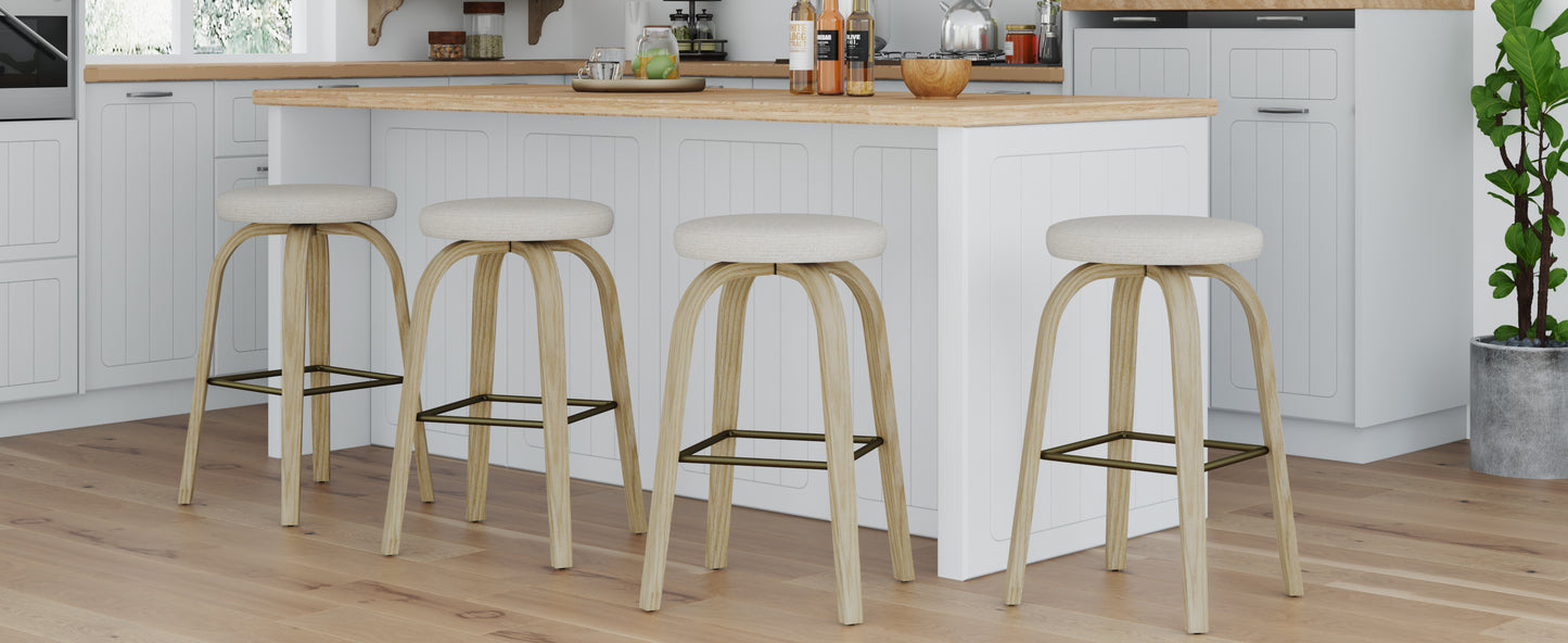 AILUNWALL Swivel Bar Stools Set of 2, Bar Height Backless 30″ Bar Stool, Fabric Upholstered Seat, Sturdy Wood Legs and Metal Footrest, Mid-Century Modern Island Stool for Home Bars, Restaurants, Beige image 6