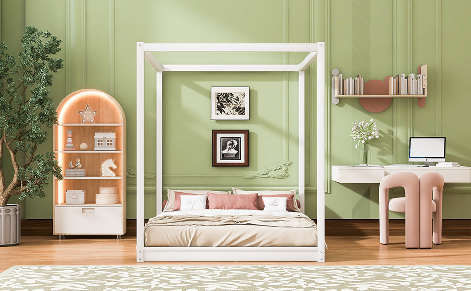 Queen Size Canopy Platform Bed with Support Legs,White image 6