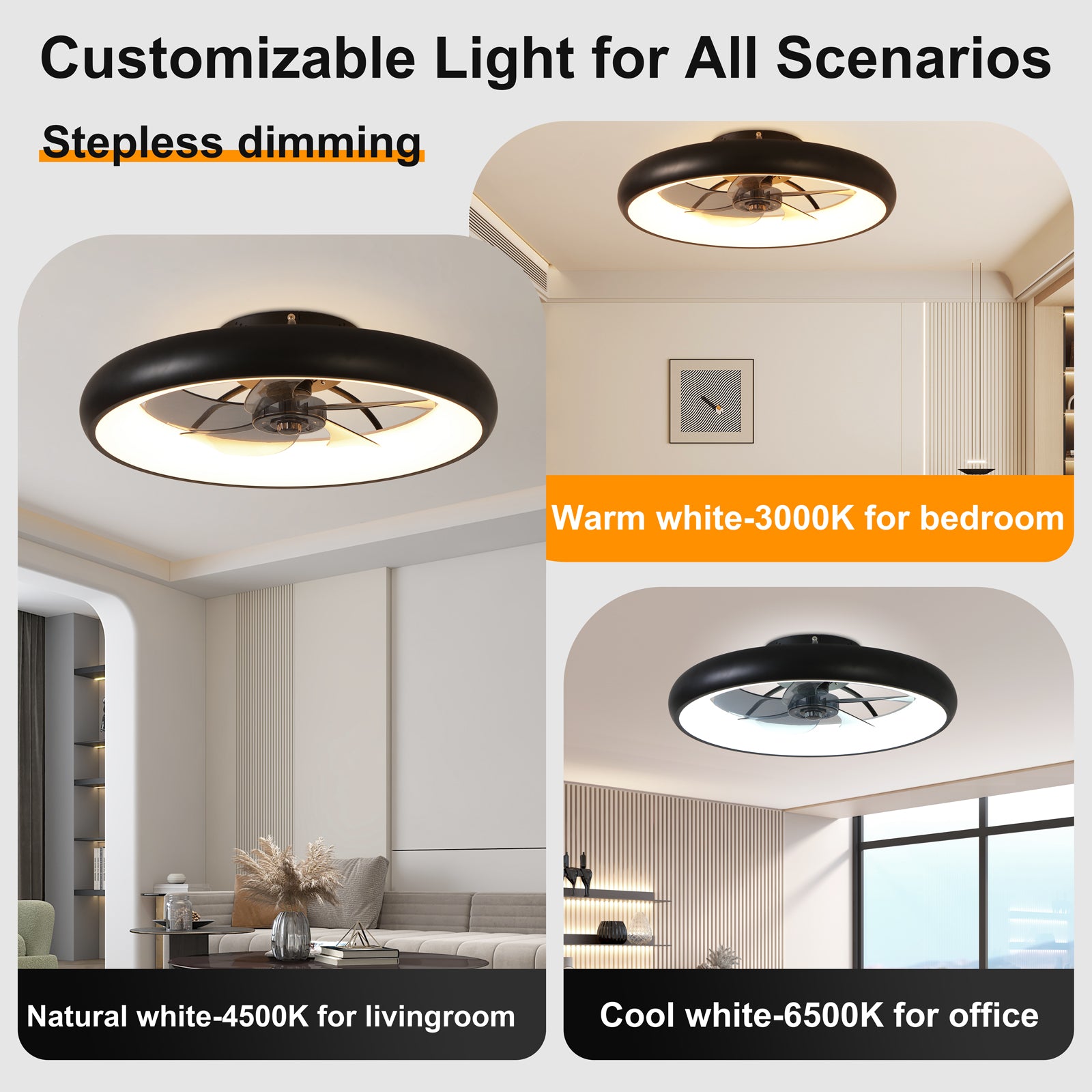 Dimmable LED ceiling fan with 6-speed reversible motor