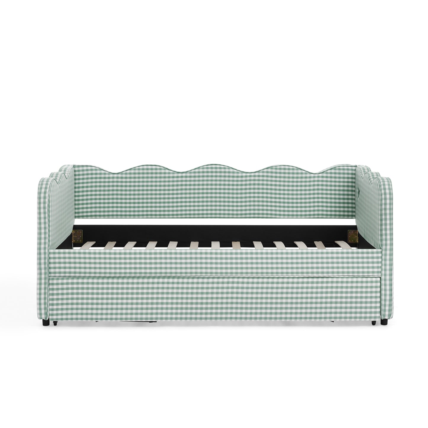 Cozy Gingham Daybed with Trundle Twin Size Sofa Bed No Box Spring Needed, with USB Port and Adorable Wave Shaped, Linen Fabric image 4