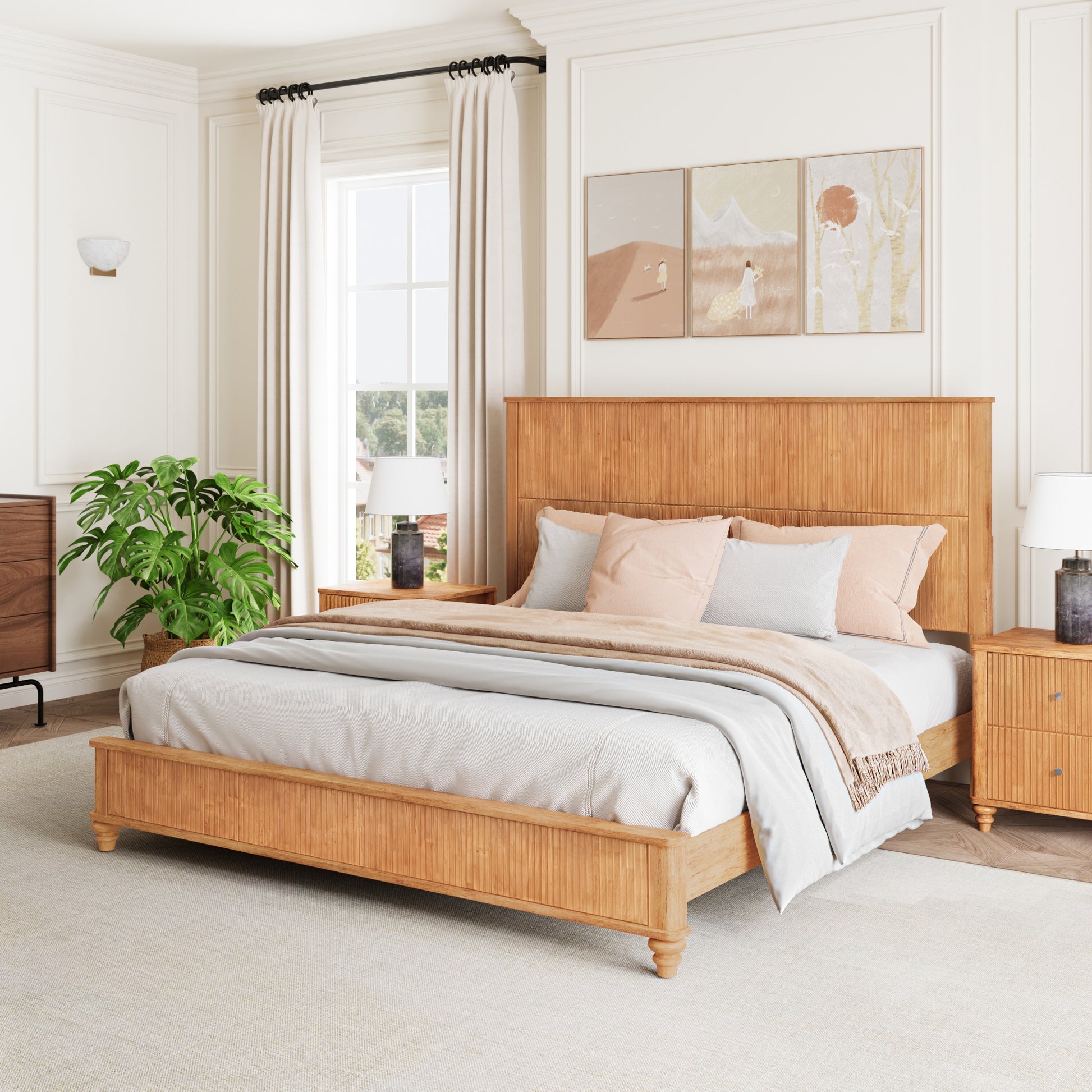 Solid Wood Bed Frame,King Platform Bed Frame with Headboard,Tall Headboard Natural Wood Bed,No Box Spring Needed,Natural image 2