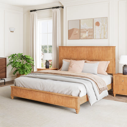 Solid Wood Bed Frame,King Platform Bed Frame with Headboard,Tall Headboard Natural Wood Bed,No Box Spring Needed,Natural image 2