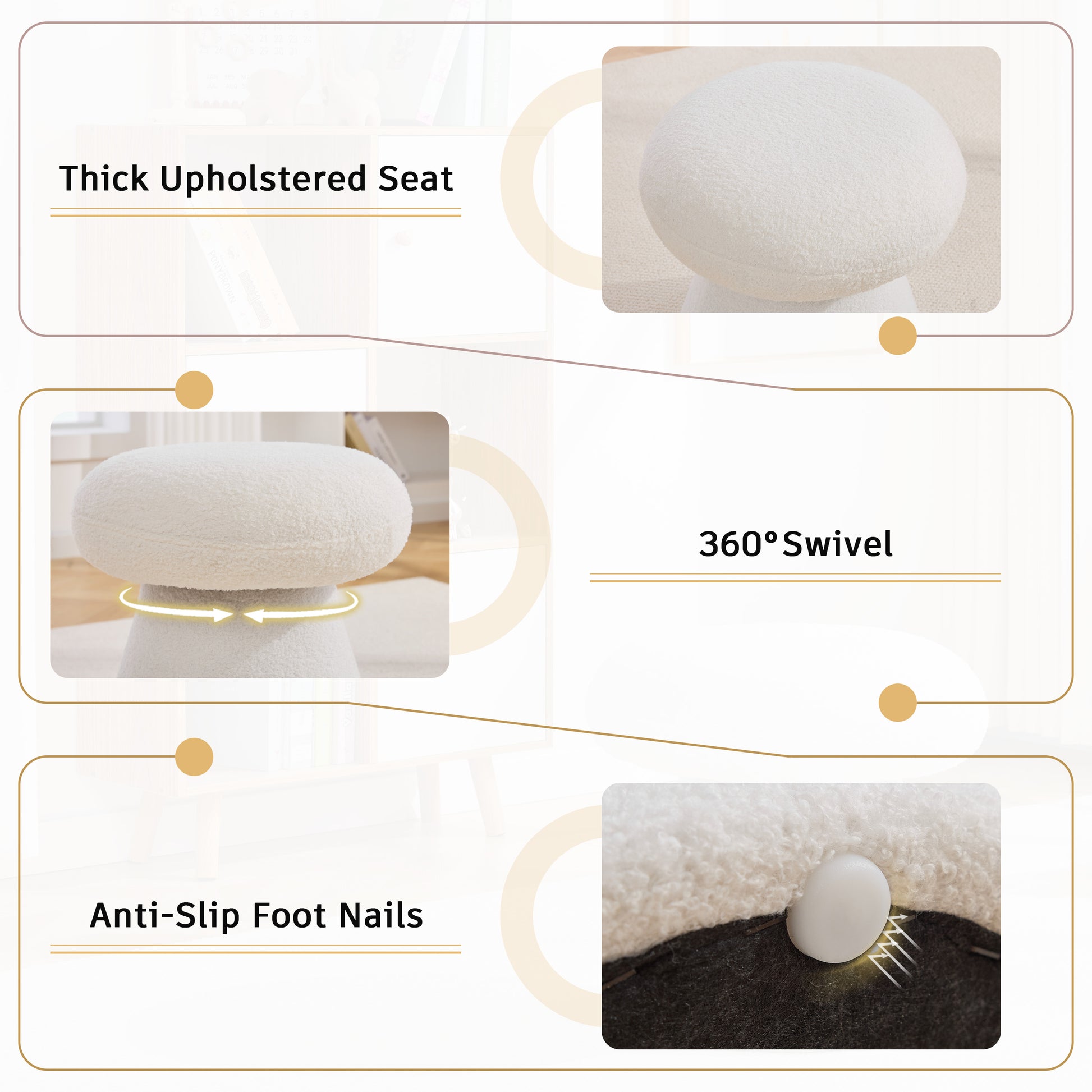 066-Teddy Fabric Soft-padded Footstool, Mushroom shaped Ottoman, Shoe-changing Stool, Makeup Stool,No Installation Required, Suitable For Bedrooms, Living Rooms, Powder Rooms Or Entrances, White image 4