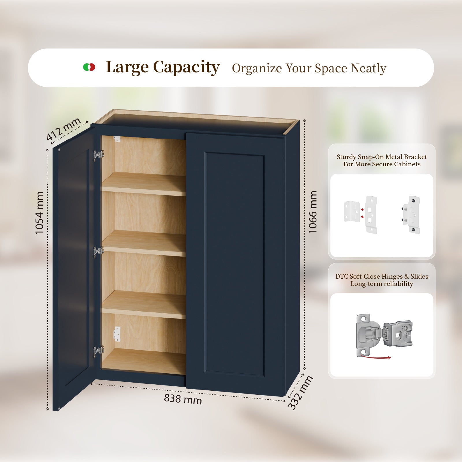 33" Navy Blue Shaker Wall Cabinet Solid Wood with 3 Adjustable Shelves Ready-to-Assemble for Kitchen, Bathroom, Laundry, and Garage Storage (33"W×12"D×42"H) image 3